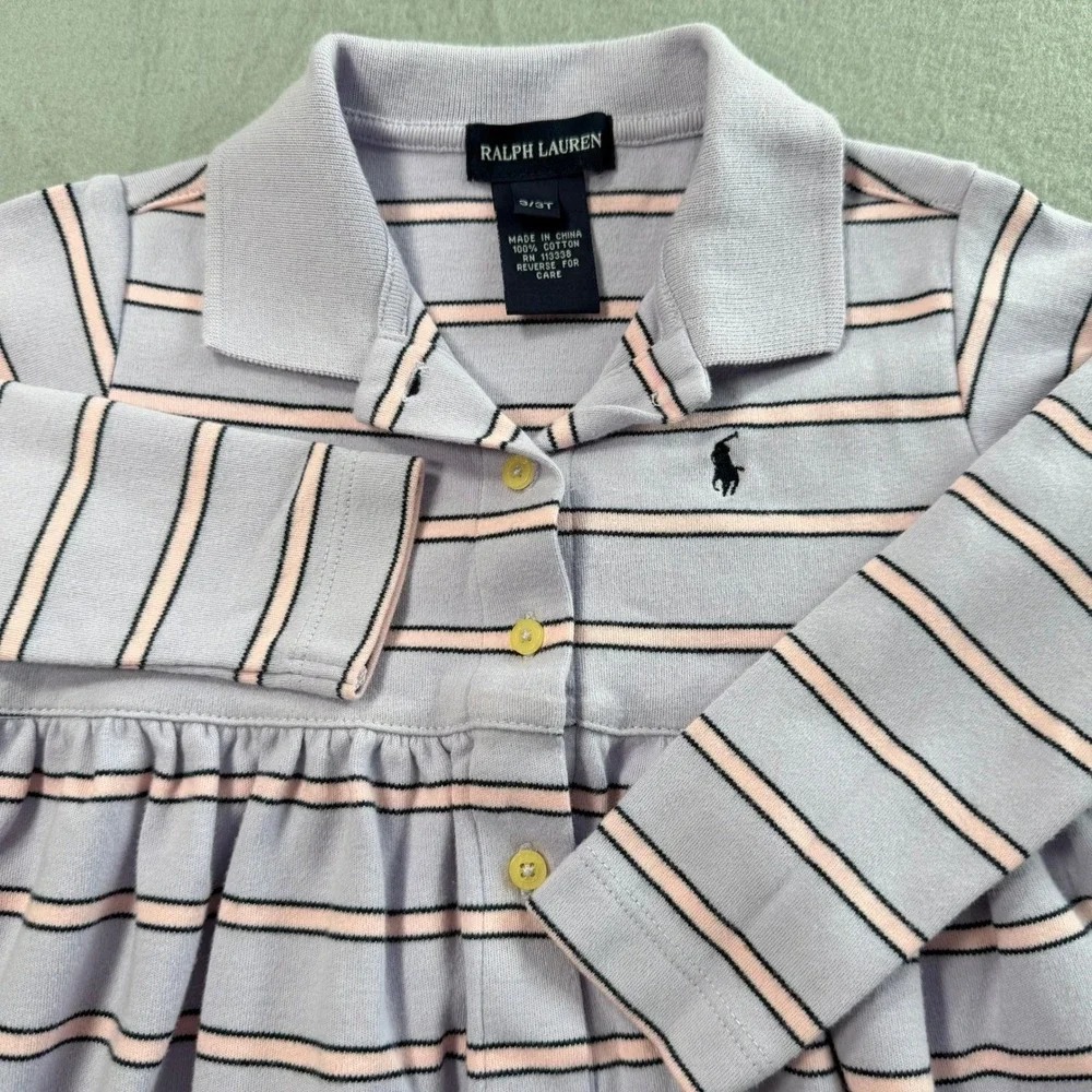 Ralph Lauren Polo Dress Girls 3T Purple Striped Long Sleeve Mini Pony